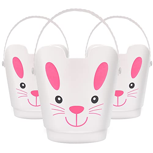 Set of 3 Zcaukya Easter Buckets – Plastic Bunny Baskets with Handles for Egg Hunts