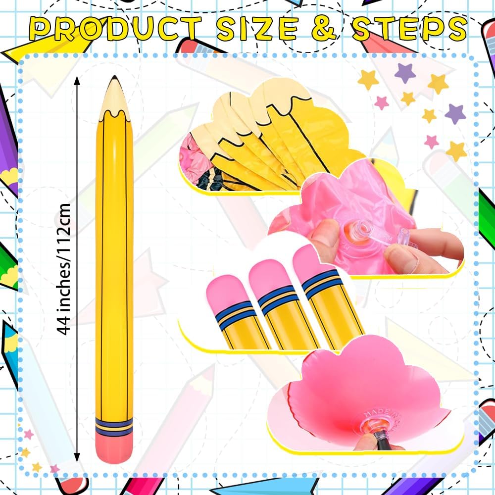 Set of 4 Extra Large Inflatable Pencils (44 Inches) - Back to School Balloon Decorations for Classroom, Graduation, and Birthday Parties