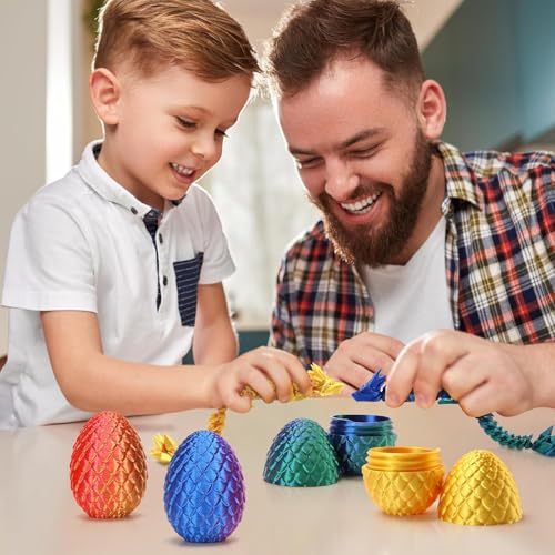 Set of 4 Mini 3D Printed Dragon Eggs with Articulated Dragons Inside – Fidget Toy Easter Basket Stuffers for Kids
