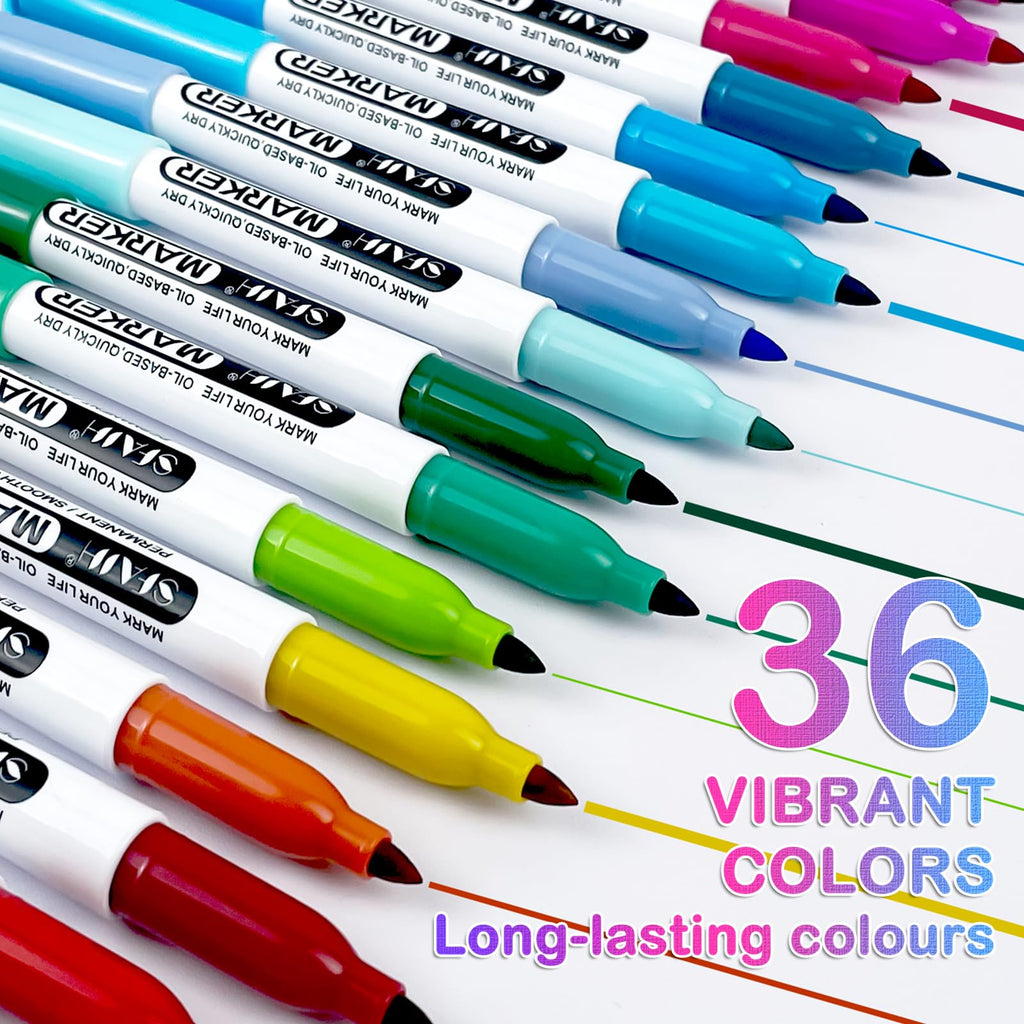 SFAIH 36 Colors Permanent Markers – Fine Point, Quick-Drying, Fade Resistant for Paper, Plastic, Wood
