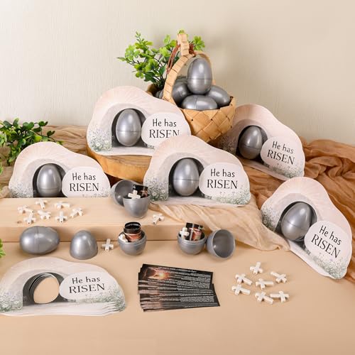 Sfcddtlg 60-Piece Easter Empty Tomb Eggs Set – 15 Interactive Resurrection Eggs with Prayer Cards, Tomb Cards, and Crosses for Church Events & Sunday School