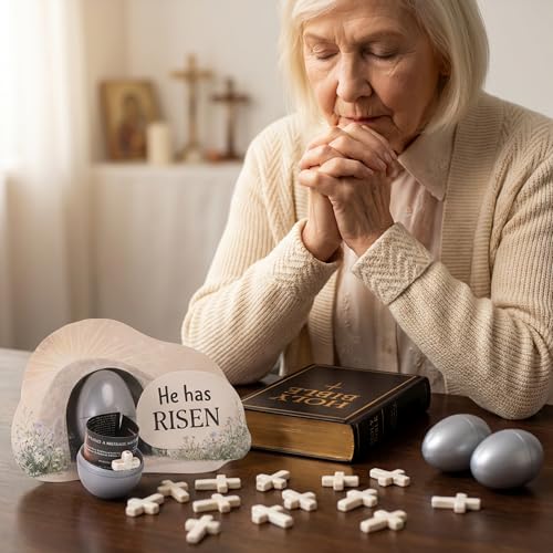 Sfcddtlg 60-Piece Easter Empty Tomb Eggs Set – 15 Interactive Resurrection Eggs with Prayer Cards, Tomb Cards, and Crosses for Church Events & Sunday School