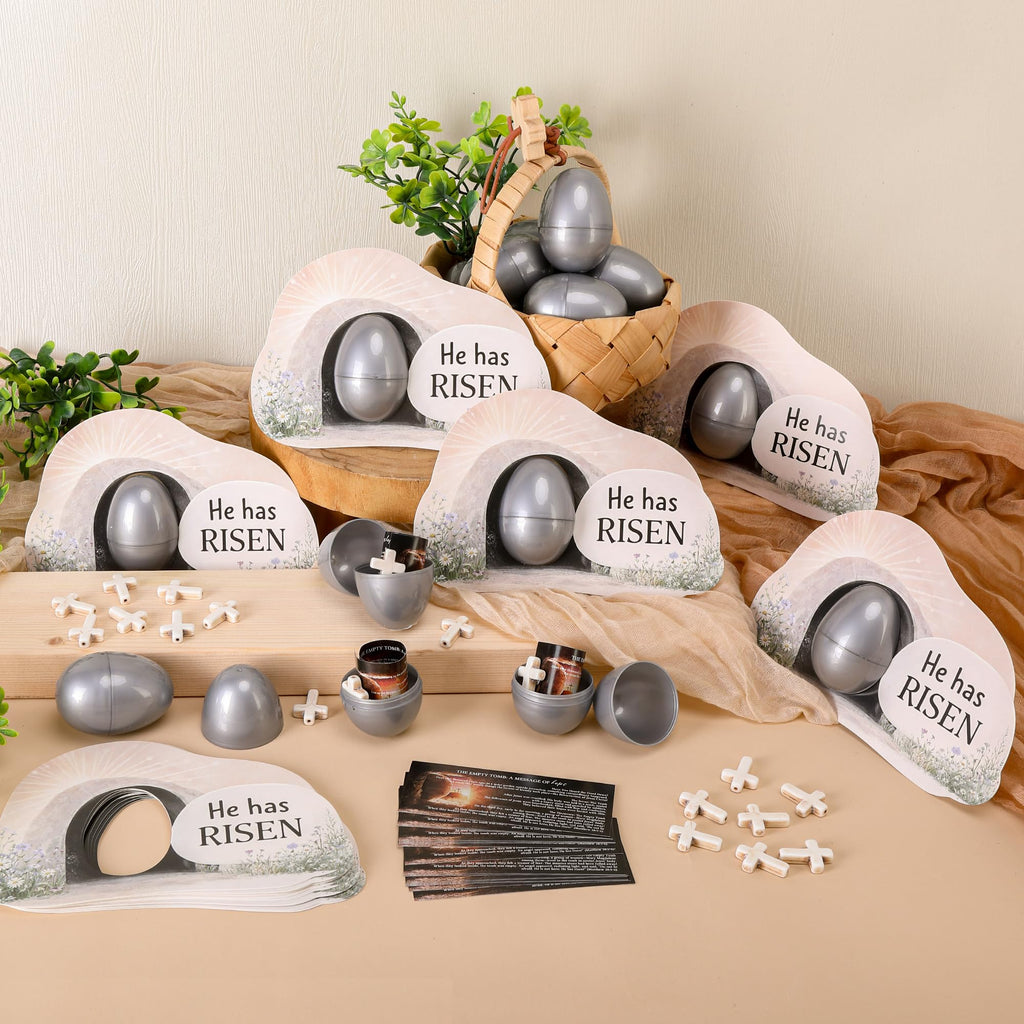 Sfcddtlg 60-Piece Easter Empty Tomb Eggs Set – 15 Interactive Resurrection Eggs with Prayer Cards, Tomb Cards, and Crosses for Church Events & Sunday School