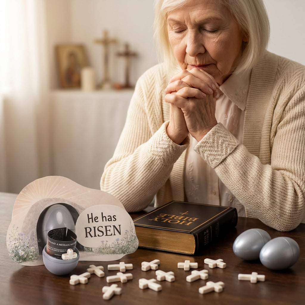 Sfcddtlg 60-Piece Easter Empty Tomb Eggs Set – 15 Interactive Resurrection Eggs with Prayer Cards, Tomb Cards, and Crosses for Church Events & Sunday School