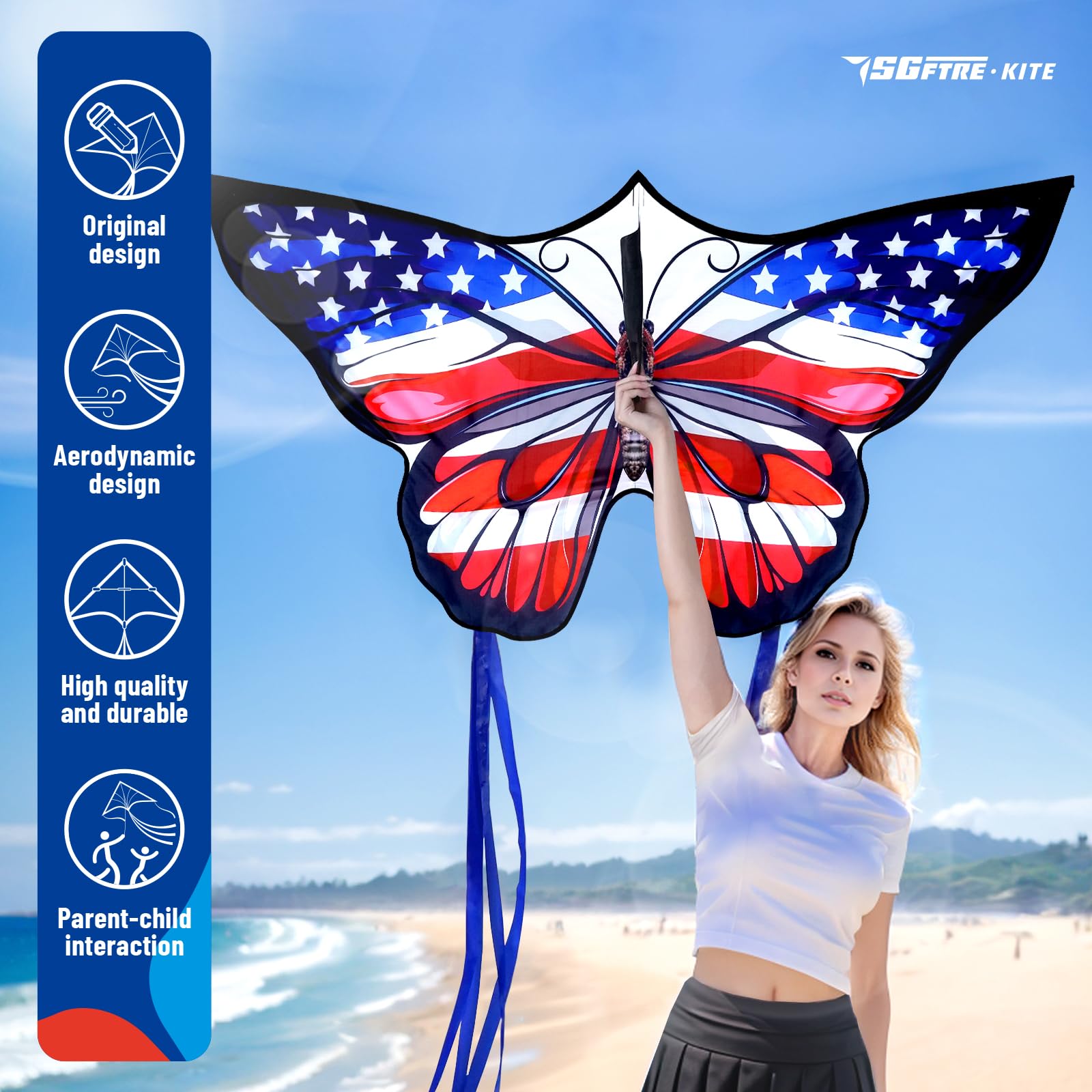 SGftre American Flag Butterfly Kite 55x28 Inches – Easy to Fly for Kids and Adults