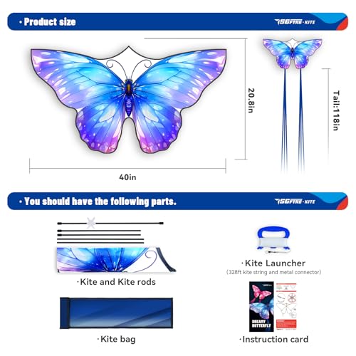 SGftre Blue Dreamy Butterfly Kite 40x20 inch Easy Flight Polyester Outdoor Toy for Kids and Adults