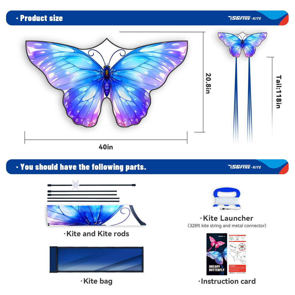 SGftre Blue Dreamy Butterfly Kite 40x20 inch Easy Flight Polyester Outdoor Toy for Kids and Adults