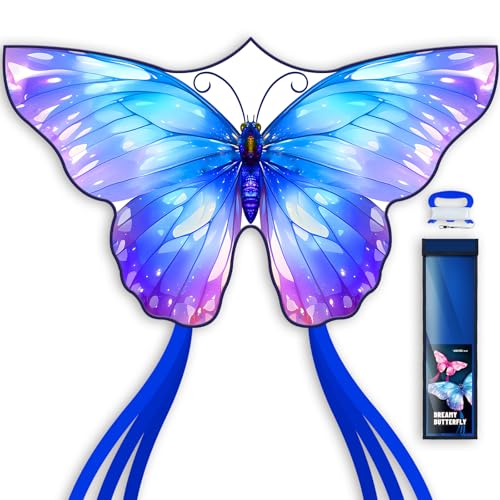 SGftre Blue Dreamy Butterfly Kite 40x20 inch Easy Flight Polyester Outdoor Toy for Kids and Adults