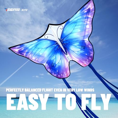 SGftre Blue Dreamy Butterfly Kite 40x20 inch Easy Flight Polyester Outdoor Toy for Kids and Adults