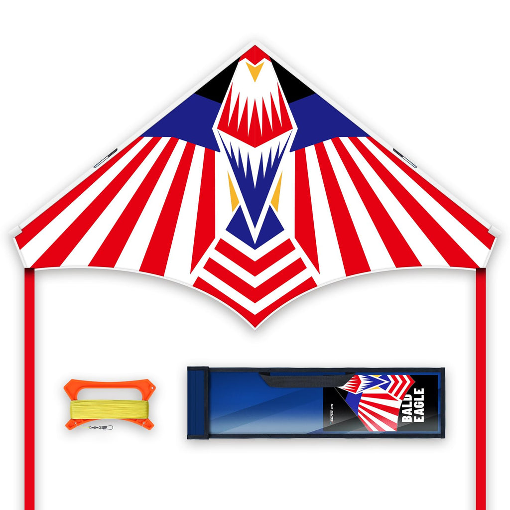 SGftre Large Delta Kite 57x34 inches Red White Blue Flag Eagle Design with 328ft String