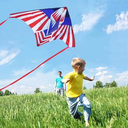 SGftre Large Delta Kite 57x34 inches Red White Blue Flag Eagle Design with 328ft String