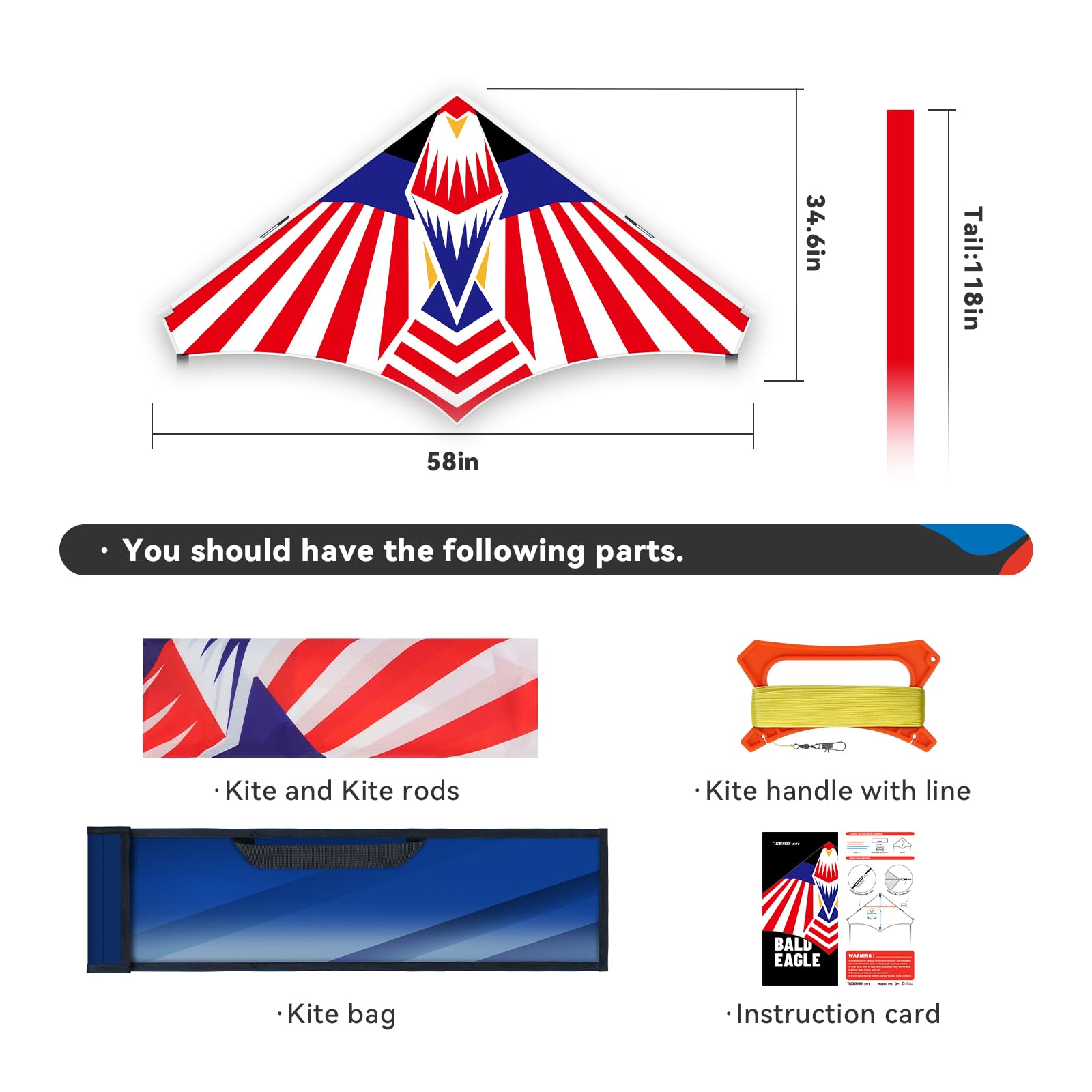 SGftre Large Delta Kite 57x34 inches Red White Blue Flag Eagle Design with 328ft String