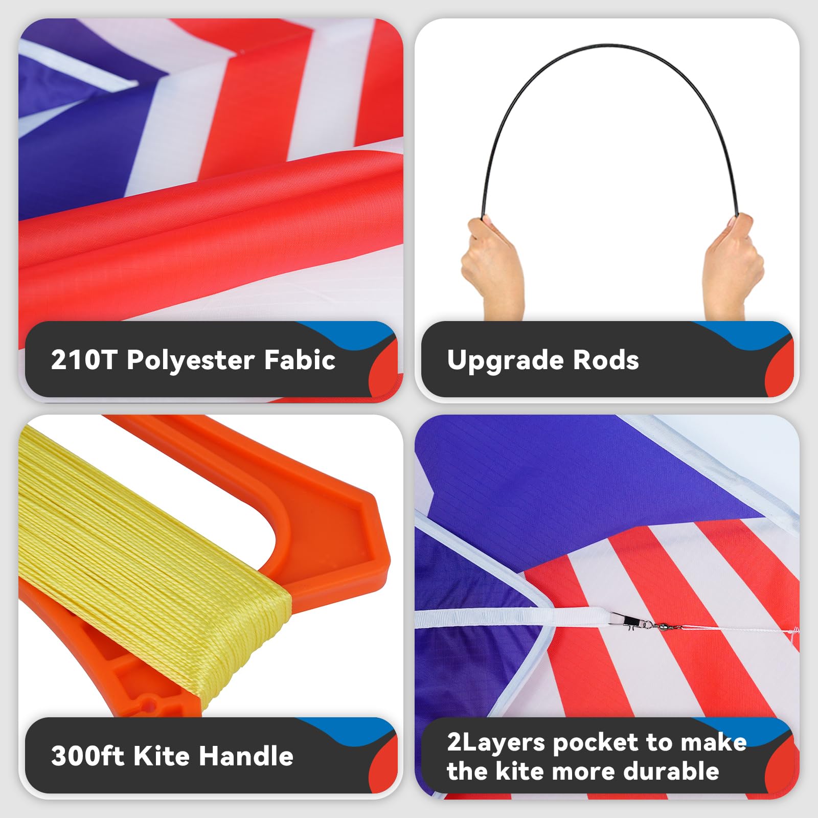 SGftre Large Delta Kite 57x34 inches Red White Blue Flag Eagle Design with 328ft String