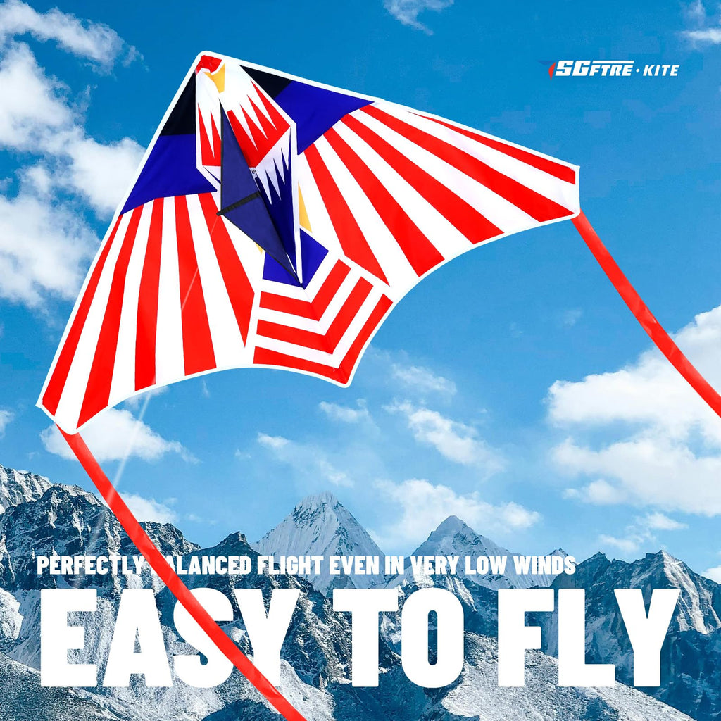 SGftre Large Delta Kite 57x34 inches Red White Blue Flag Eagle Design with 328ft String
