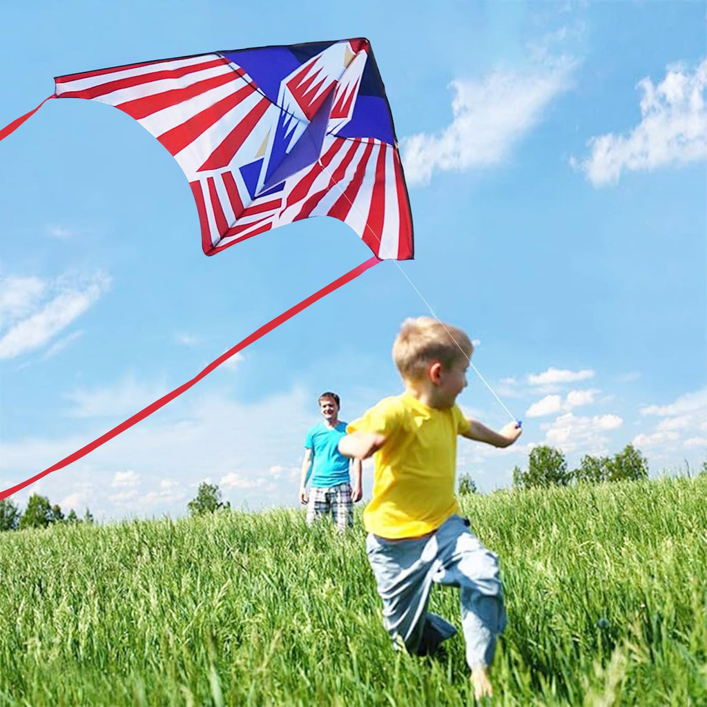SGftre Large Delta Kite 57x34 inches Red White Blue Flag Eagle Design with 328ft String