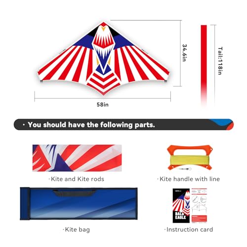 SGftre Large Delta Kite 57x34 inches Red White Blue Flag Eagle Design with 328ft String