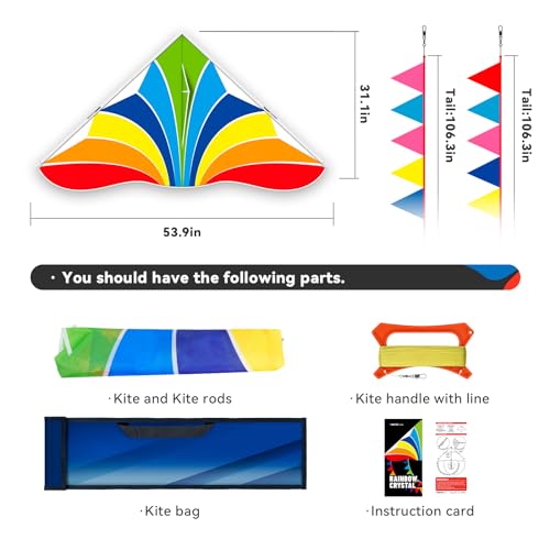 SGftre Rainbow Delta Kite Set for Kids & Adults – Easy to Fly, 55" Wide with 328ft Line