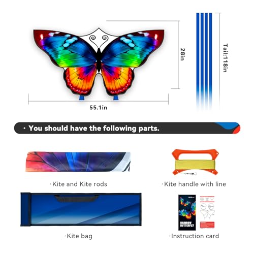 SGftre Sparkling Butterfly Kite - Easy to Fly for Kids and Adults, 140cm x 71cm Fiberglass Frame