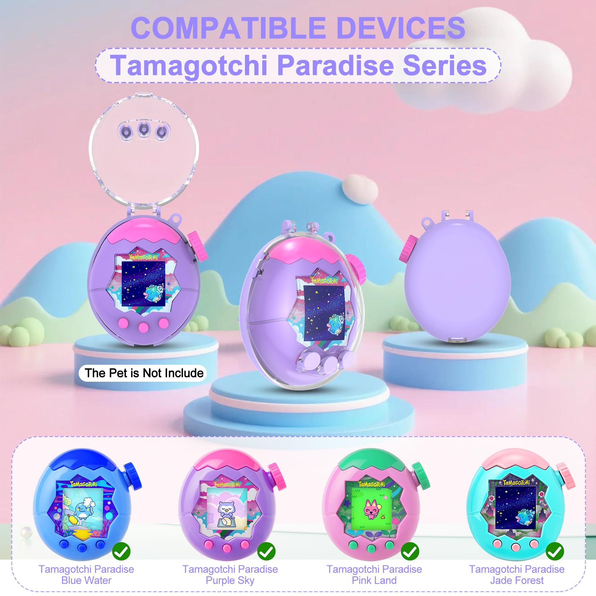 SGHLDE Dual-Color Clear Case for Tamagotchi Paradise with Built-In Screen Guard and Two Carry Straps