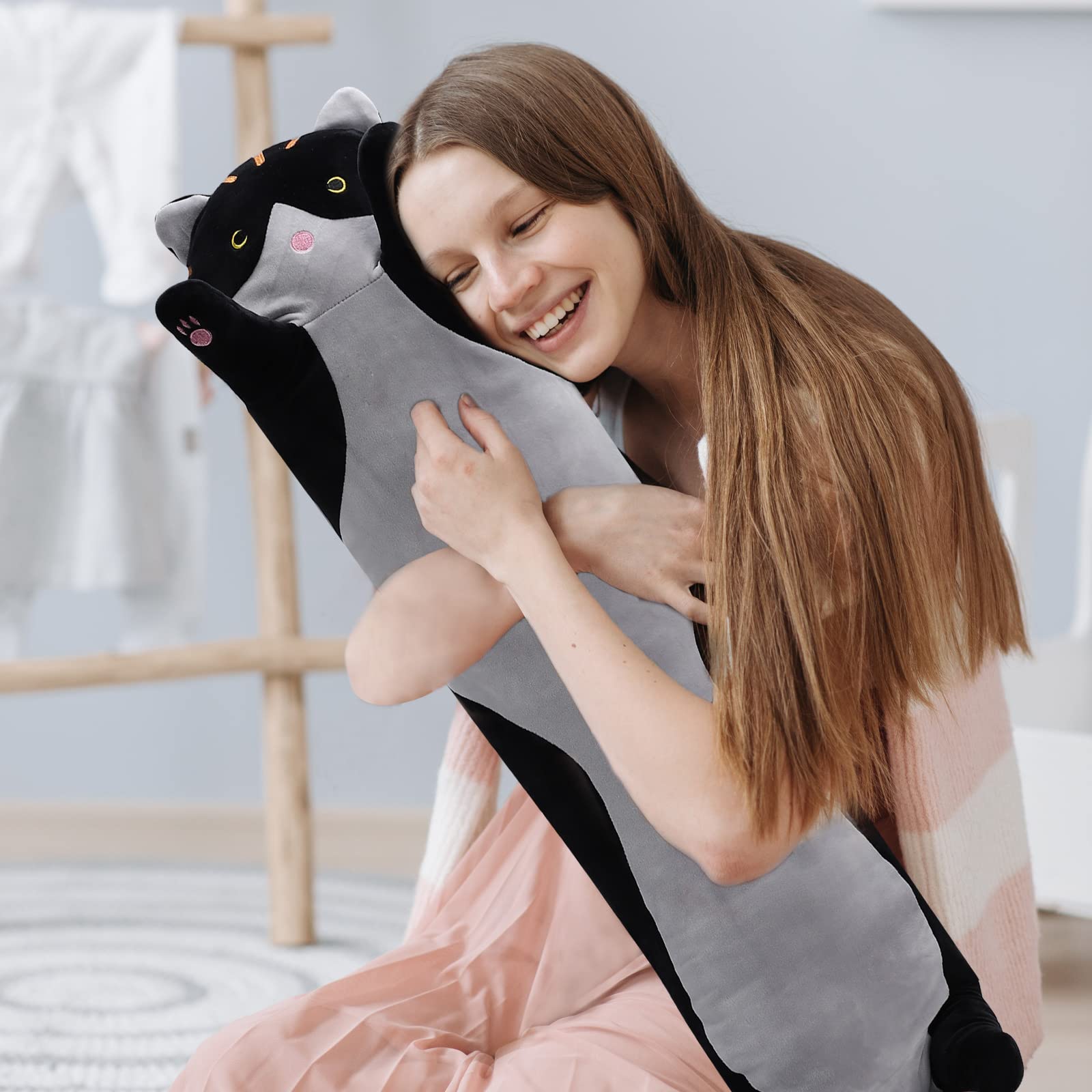 Shangman 50cm Black Plush Cat Doll – Soft Long Hugging Pillow for Kids & Girlfriend