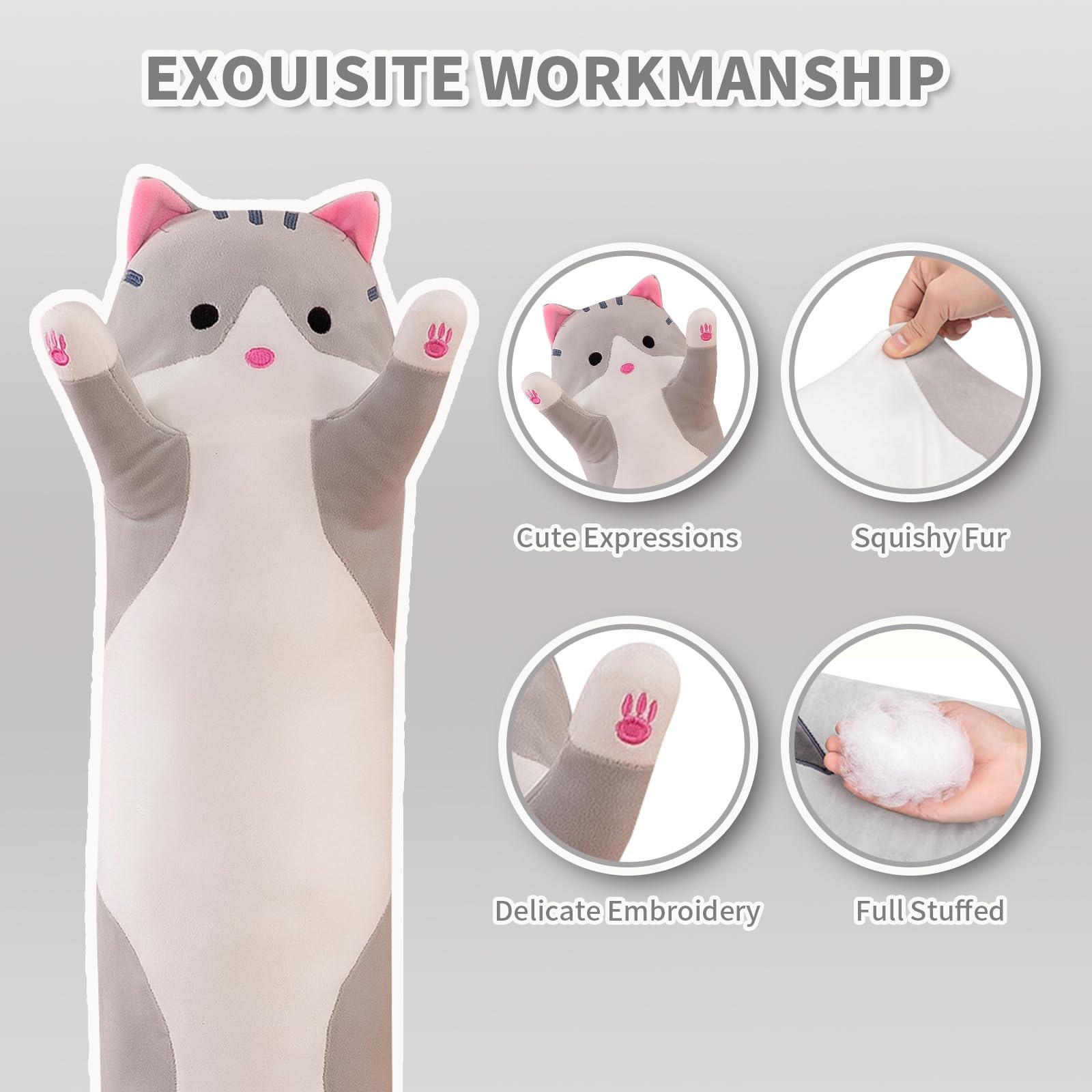 shangman Lovely Plush Cat Doll - Cute Stuffed Kitten Pillow, Soft Hugging Toy for Kids and Adults, Multiple Sizes (Grey, 50cm/19.6in)