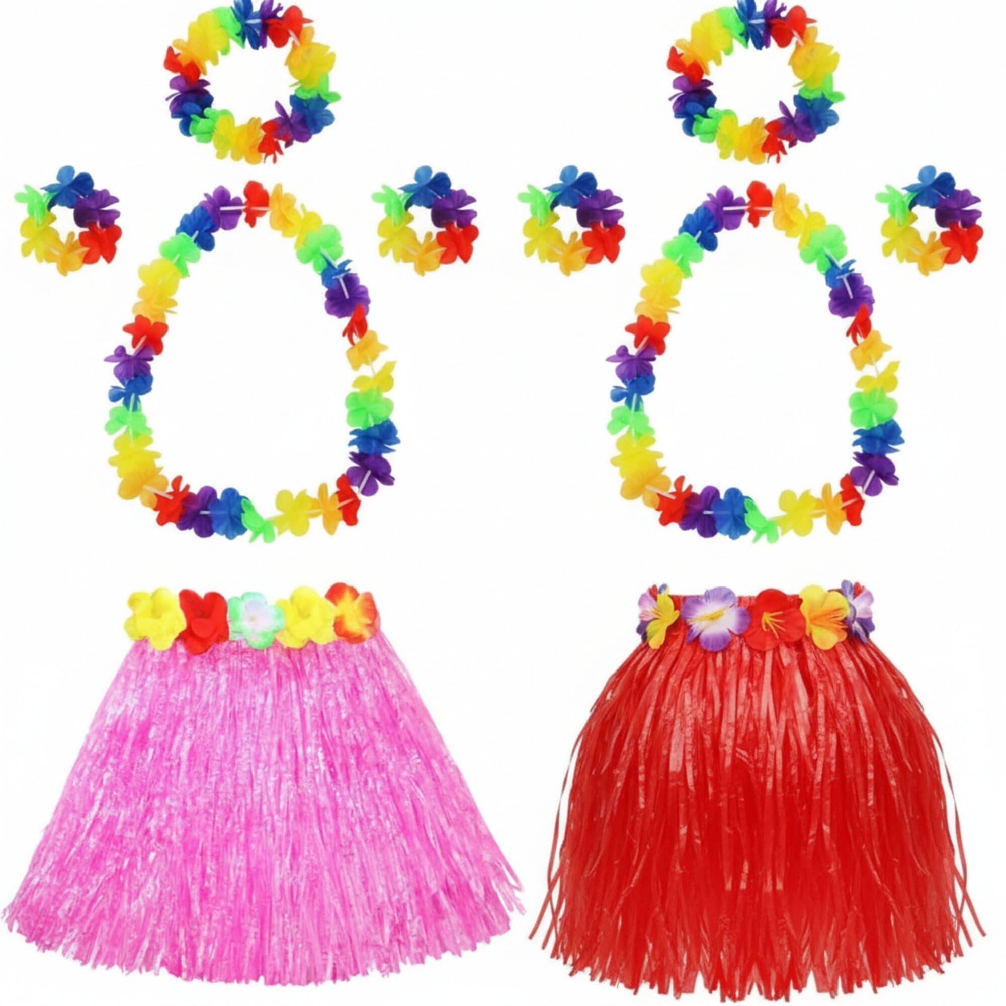 Shappy 2-Pack Hawaiian Hula Grass Skirt Costume Set for Kids - Luau Party Outfit with Lei Necklace, Headband, Bracelets (10 Pieces)