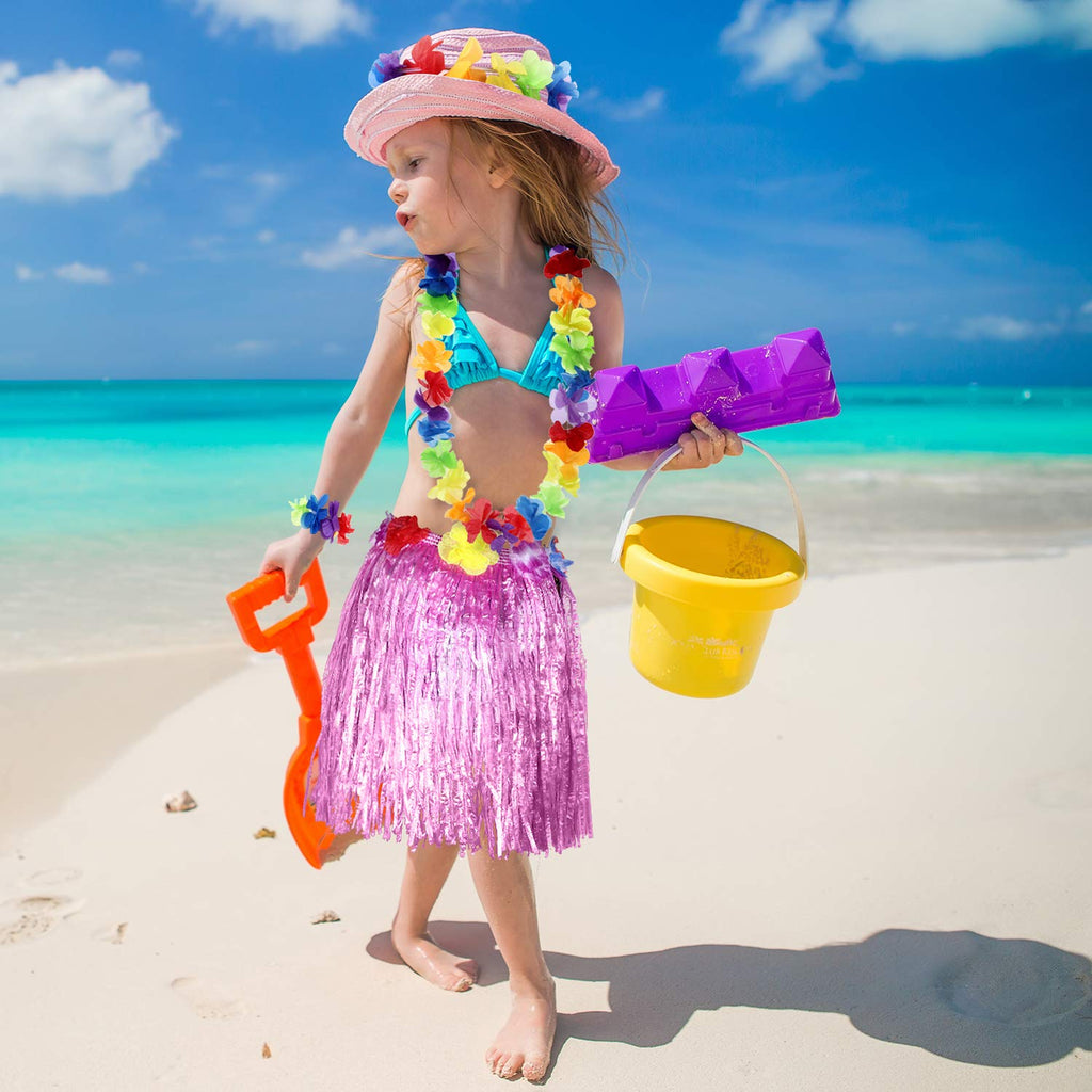 Shappy 2-Pack Hawaiian Hula Grass Skirt Costume Set for Kids - Luau Party Outfit with Lei Necklace, Headband, Bracelets (10 Pieces)