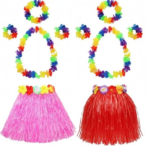 Shappy 2-Pack Hawaiian Hula Grass Skirt Costume Set for Kids - Luau Party Outfit with Lei Necklace, Headband, Bracelets (10 Pieces)