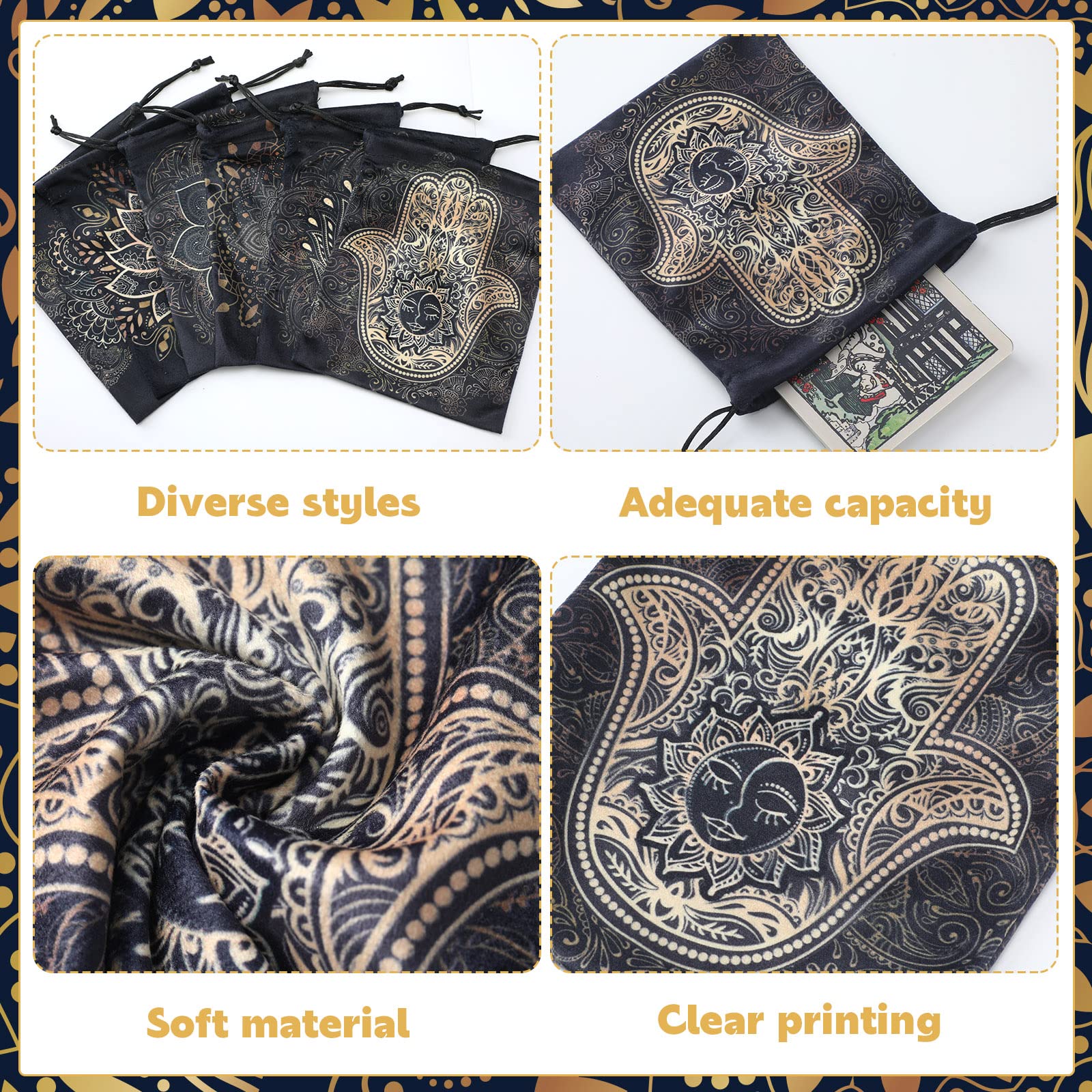 Shappy 6-Pack Velvet Drawstring Storage Bags - Assorted Patterns for Tarot Cards, Dice, Jewelry, 7.1 x 5.9 Inches