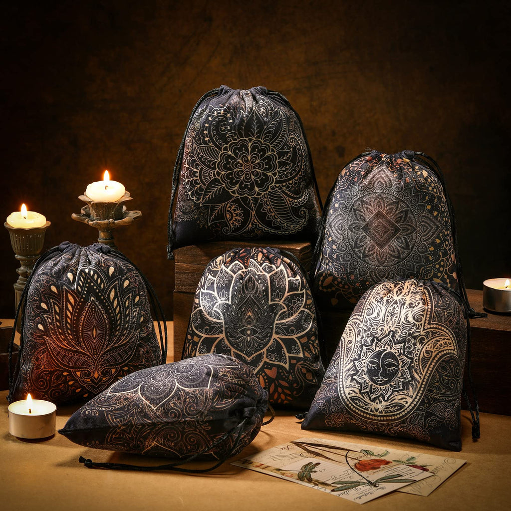 Shappy 6-Pack Velvet Drawstring Storage Bags - Assorted Patterns for Tarot Cards, Dice, Jewelry, 7.1 x 5.9 Inches