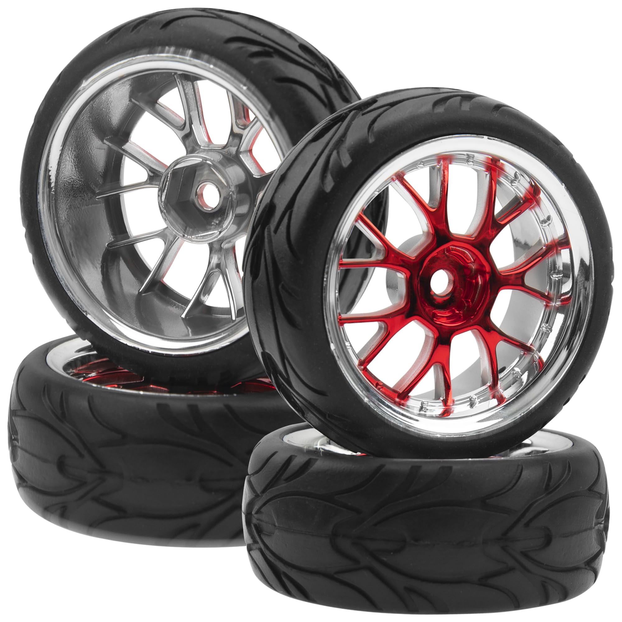 ShareGoo 1/10 RC Wheels with Rubber Tires – 12mm Hex, 66x26mm, Red Plastic Rims for On-Road Touring Cars