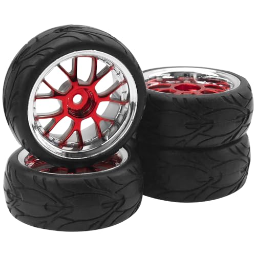 ShareGoo 1/10 RC Wheels with Rubber Tires – 12mm Hex, 66x26mm, Red Plastic Rims for On-Road Touring Cars