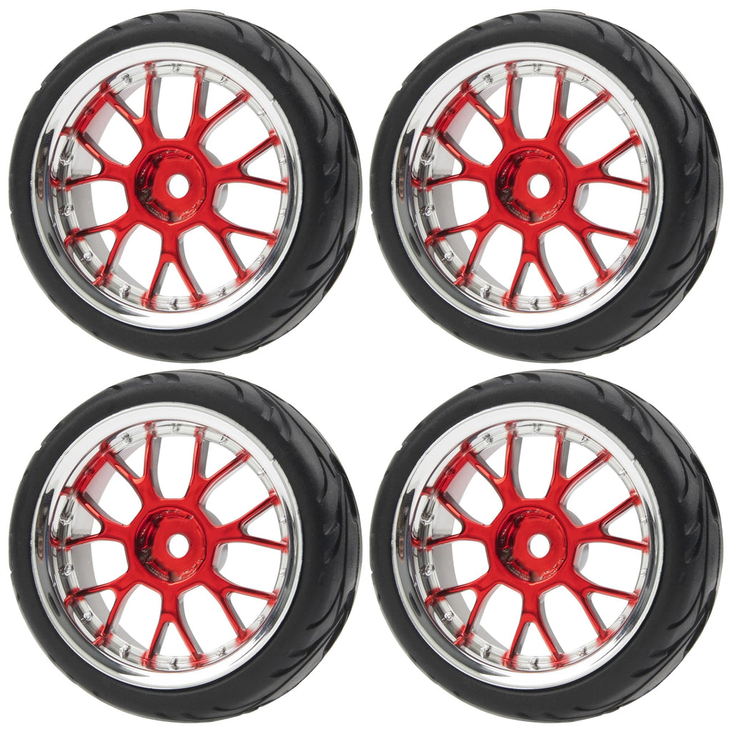 ShareGoo 1/10 RC Wheels with Rubber Tires – 12mm Hex, 66x26mm, Red Plastic Rims for On-Road Touring Cars
