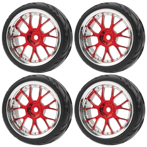 ShareGoo 1/10 RC Wheels with Rubber Tires – 12mm Hex, 66x26mm, Red Plastic Rims for On-Road Touring Cars
