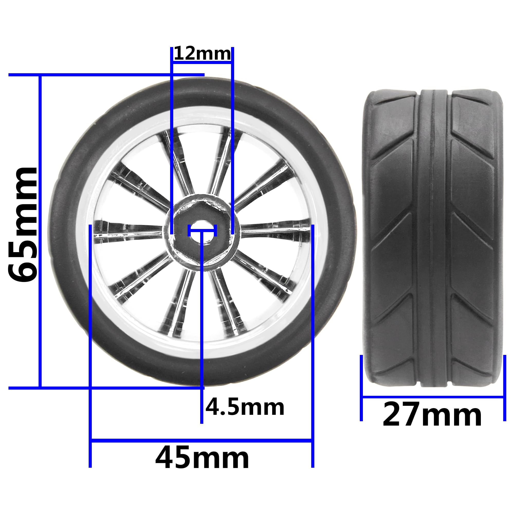 ShareGoo 2.55" OD Rubber Tires with Plastic Rims – 12mm Hex – 4-Pack for 1/10 RC On-Road Cars
