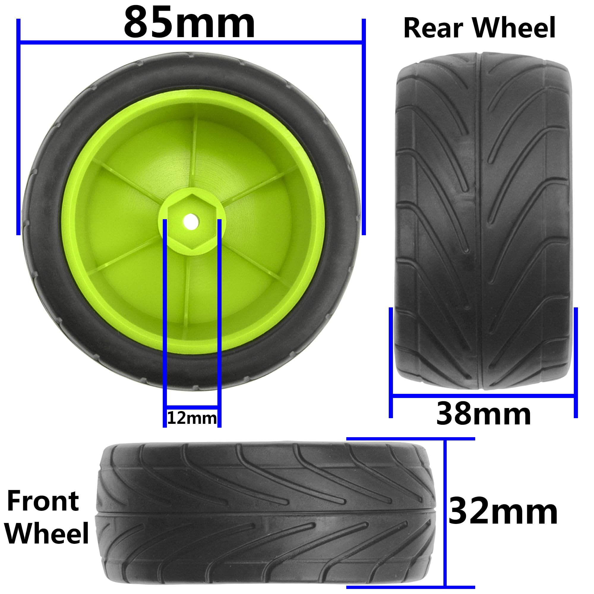 ShareGoo 4Pack RC Tires 85mm 12mm Hex for 1/10 Off-Road Buggy - Green Rims (Front & Rear)