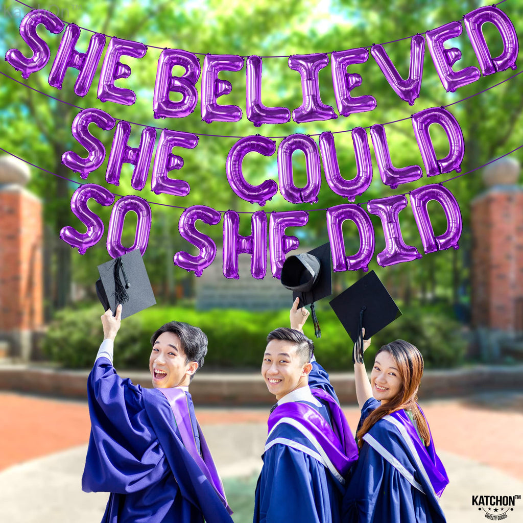 She Believed She Could So She Did Purple Foil Balloon Banner - 16 Inch Graduation Decorations Class of 2026