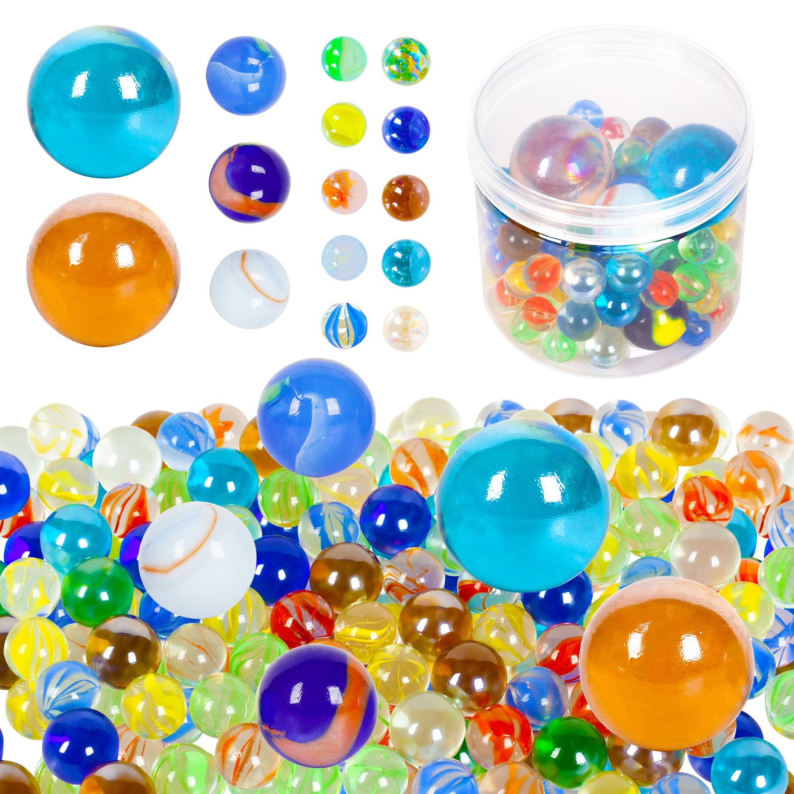 ShellKingdom 100pcs Glass Marbles – 4 Sizes Assorted Colors for Games, Crafts, and Home Decor
