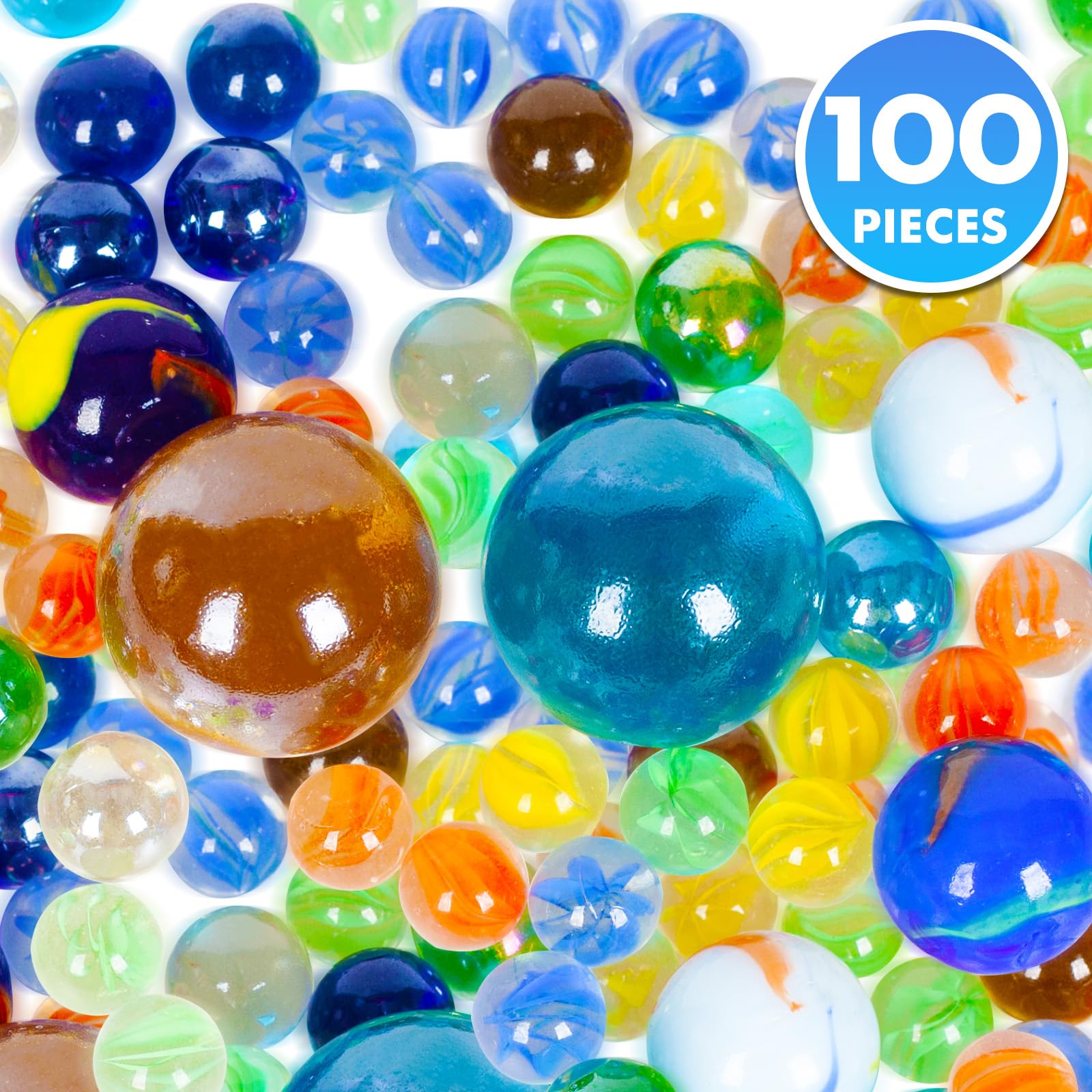 ShellKingdom 100pcs Glass Marbles – 4 Sizes Assorted Colors for Games, Crafts, and Home Decor