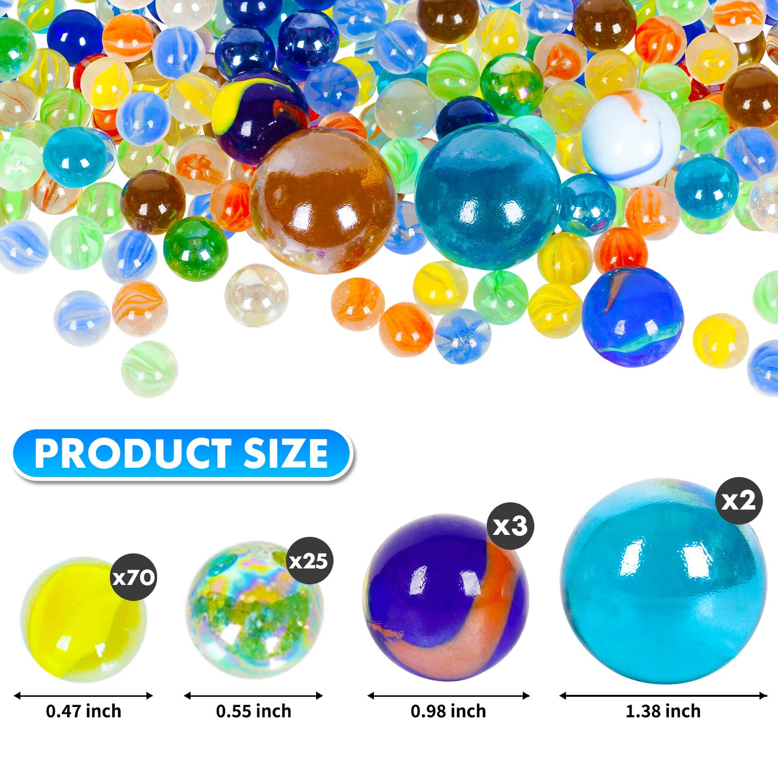 ShellKingdom 100pcs Glass Marbles – 4 Sizes Assorted Colors for Games, Crafts, and Home Decor