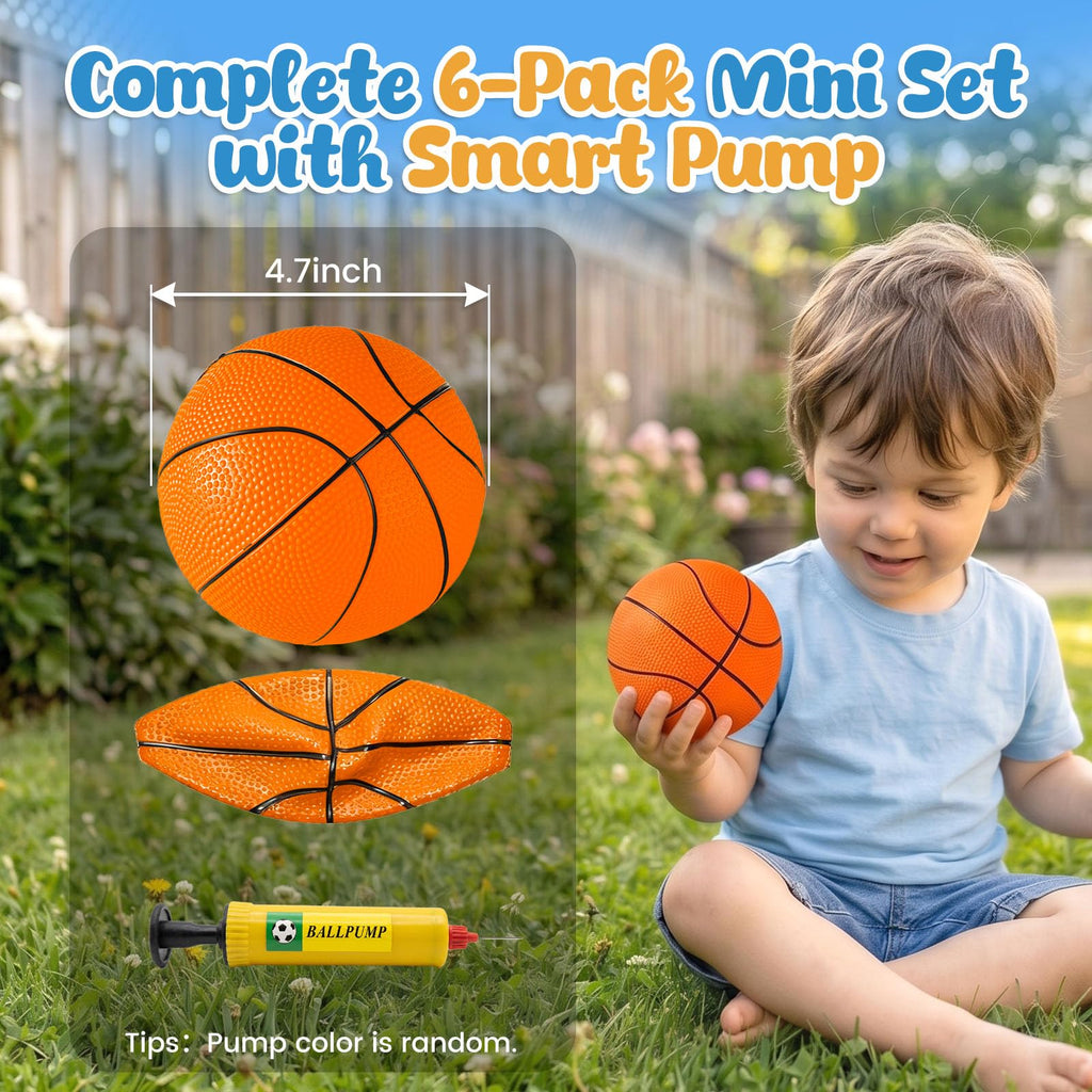 Shindel 6-Pack Mini Basketballs 4.7 Inch Orange Rubber Inflatable Balls with Pump for Kids Indoor Outdoor Play