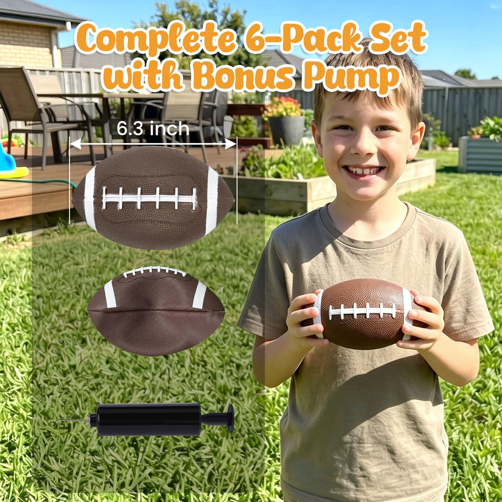 Shindel 6-Pack Mini Inflatable Footballs 6.3 Inch – Waterproof Outdoor/Indoor Toys for Kids with Pump, Party Favors