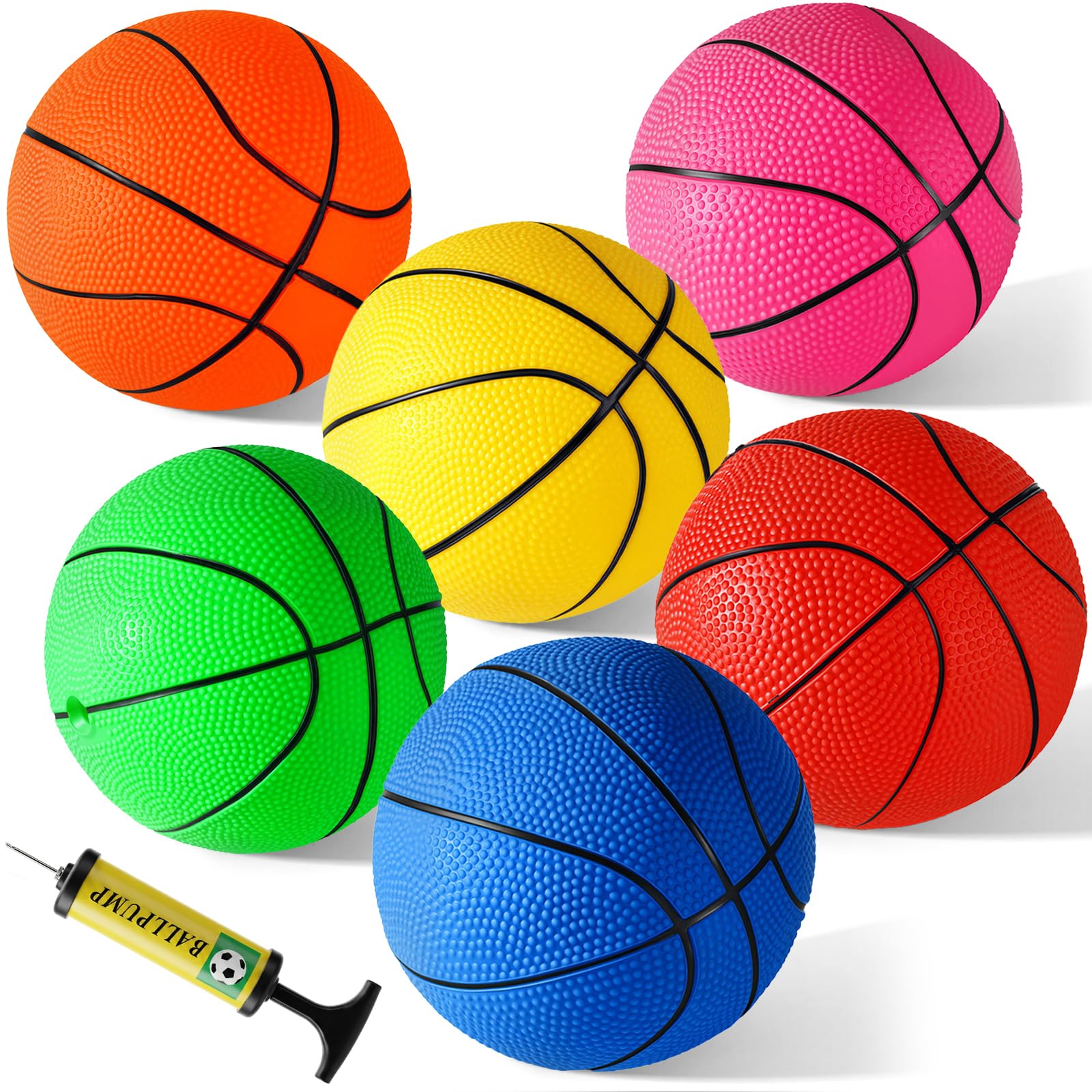 Shindel Mini Basketball Set - 6 Pack of 4.7 Inch Neoprene Balls with Pump for Kids
