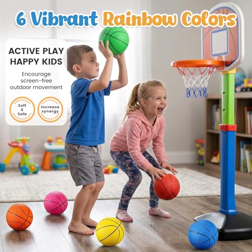 Shindel Mini Basketball Set - 6 Pack of 4.7 Inch Neoprene Balls with Pump for Kids