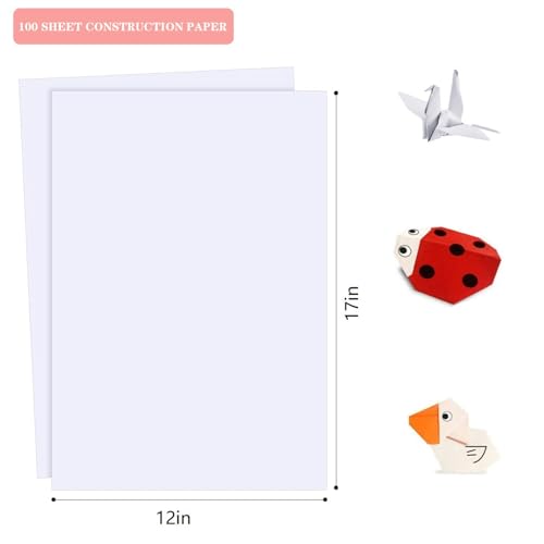 Shinok 100 Sheets White Construction Paper, 12x17 Inch, 55 lb, Matte Finish for Drawing and Crafting