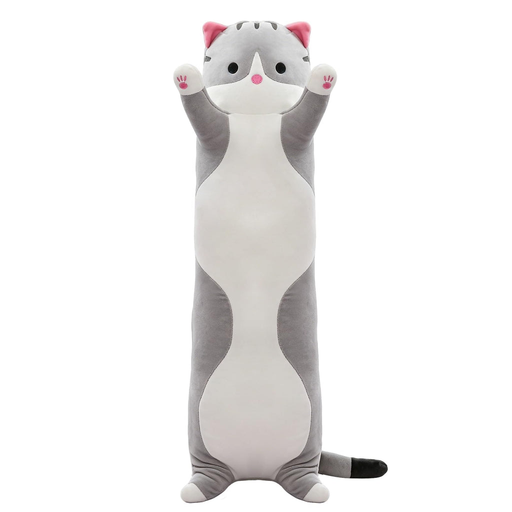 SHINUOER Gray Cat Plush Pillow 19.7 Inch – Long Body Pillow for Kids