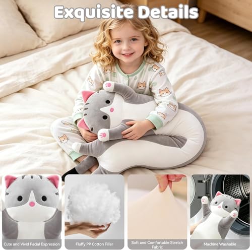 SHINUOER Gray Cat Plush Pillow 19.7 Inch – Long Body Pillow for Kids