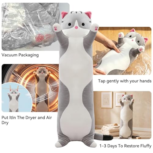 SHINUOER Gray Cat Plush Pillow 19.7 Inch – Long Body Pillow for Kids