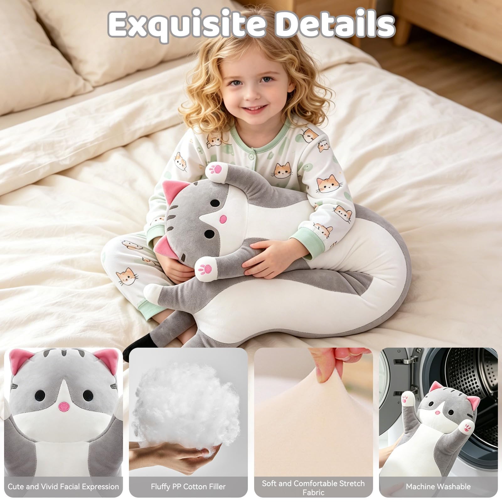 SHINUOER Gray Cat Plush Pillow 19.7 Inch – Long Body Pillow for Kids