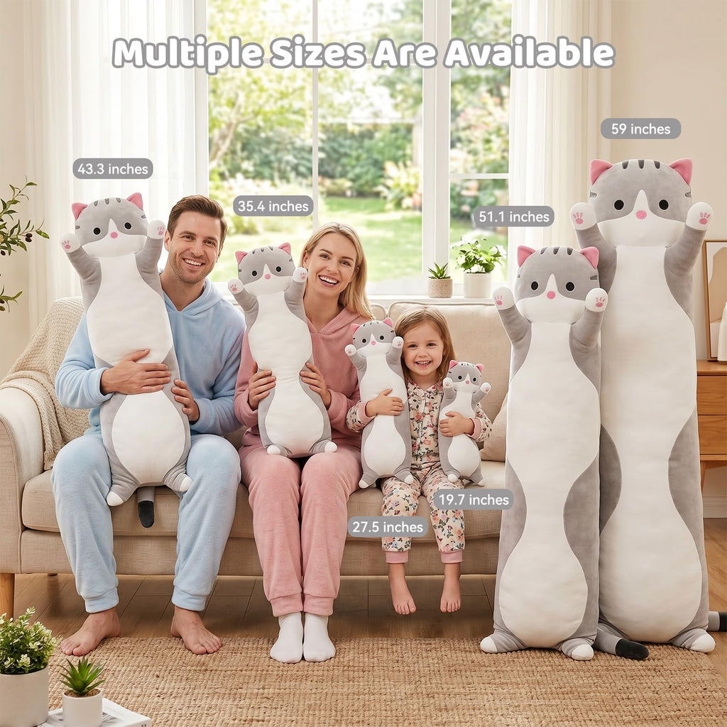 SHINUOER Gray Cat Plush Pillow 19.7 Inch – Long Body Pillow for Kids